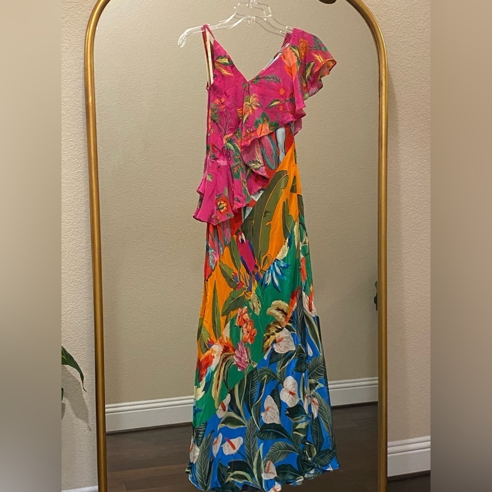 FARM Rio Mixed Flowery Ruffle One Shoulder Midi Dress Size M - Picture 4 of 16